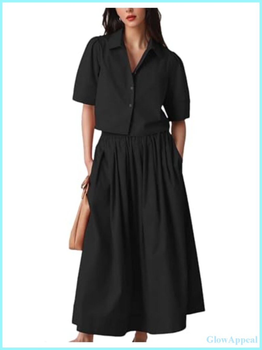 2 Piece Outfit Skirt Set Button Short Sleeve Crop Top Maxi Skirt with Pockets